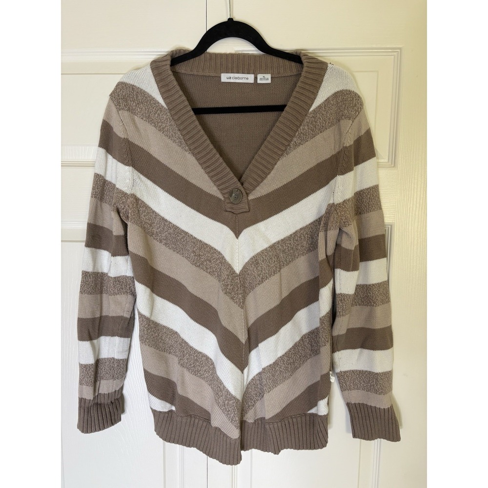 Liz Claiborne Women's Cardigan Sweater Size XL 100% Cotton Striped V-neck